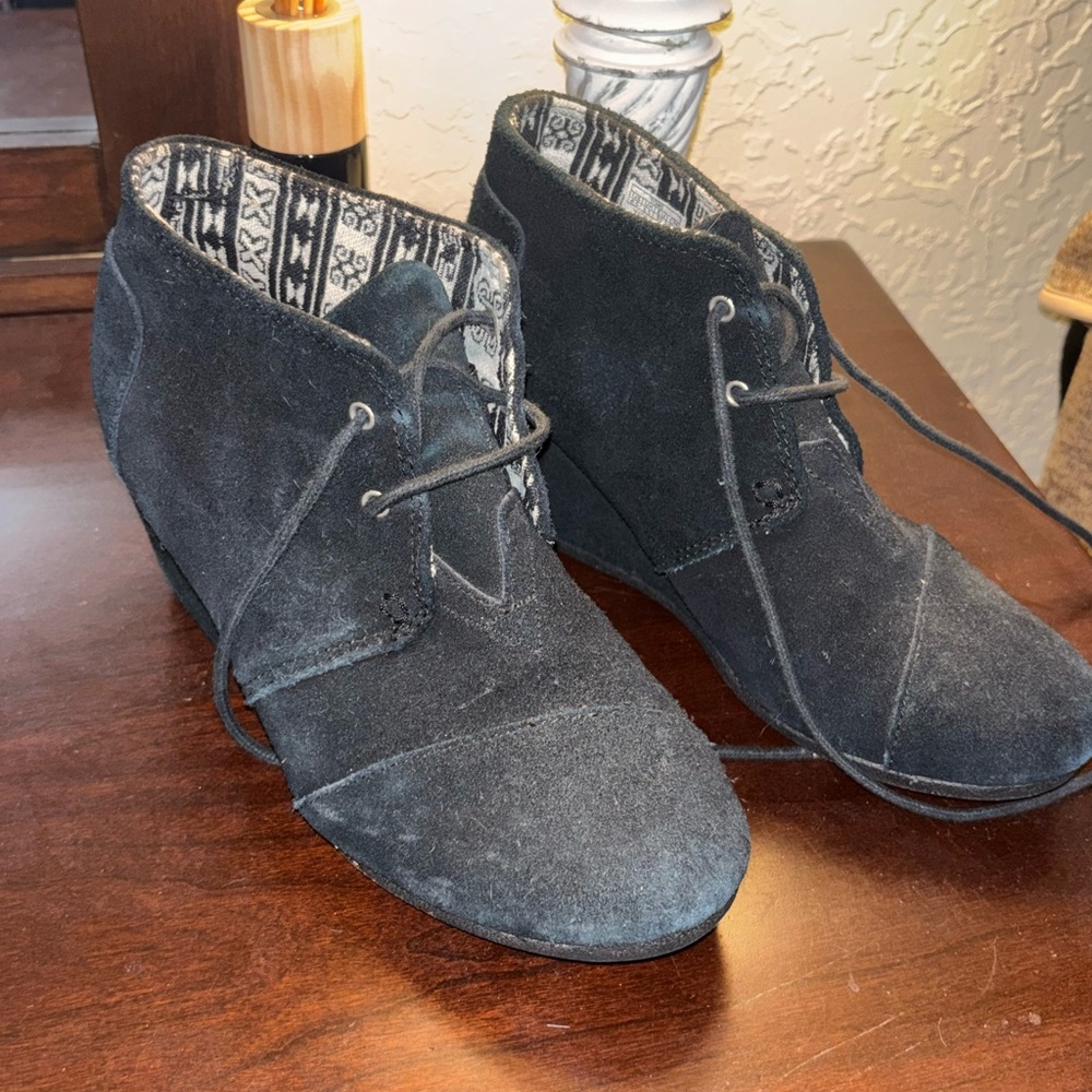 TOMS Black Faux Suede Wedge Booties